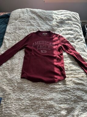 American Eagle Wine Maroon Waffle-Knit Long Sleeve Top